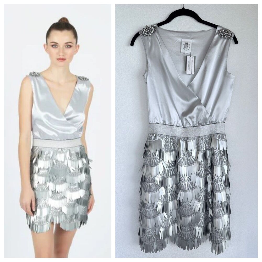 NWT Le Voliere Italy Silver Wrap Style Sleeveless Dress w Embellished Skirt XS
